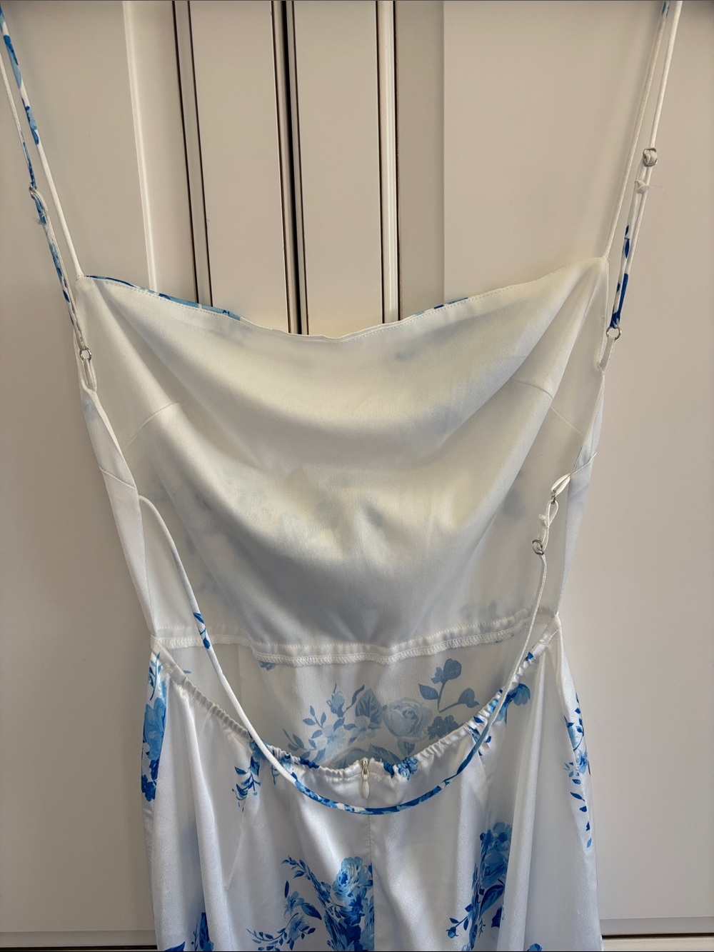 Lucy In The Sky White Blue Floral Satin Maxi Tank Dress Side Slits Women’s Small - Picture 8 of 15
